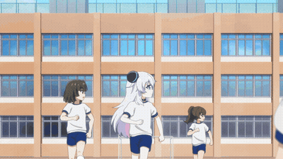 Anime Girls Running In Front Of Building GIF