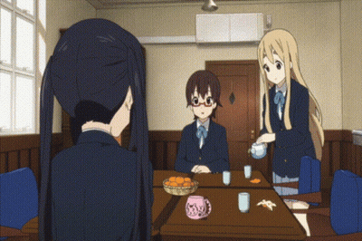 Anime Girls Sitting Around Table With Bowl Of Oranges GIF