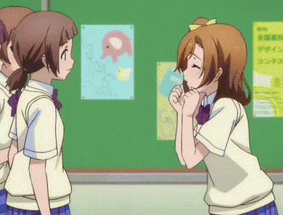 Anime Girls Standing In Front Of Green Board With Posters GIF