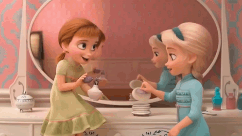 Anna And Elsa Are Playing With Perfume In Front Of A Mirror In A Bathroom . GIF