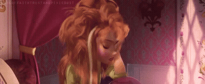 Anna From Frozen Is Sitting On A Bed With Her Eyes Closed And Her Hair In A Ponytail . GIF