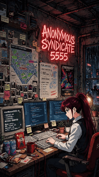 Anonymous Syndicate 5555 Poster Girl Working on Computer