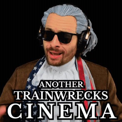 Another Trainwrecks Cinema Poster With A Man In A Wig And Sunglasses GIF