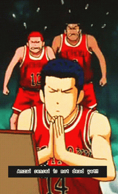 Anzai Sensei Is Not Dead Yet Written On A Picture Of A Basketball Player GIF