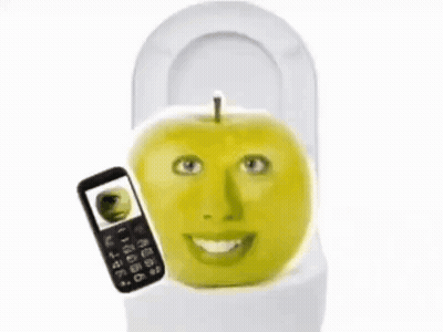 Apple Face Sitting On Toilet Next To Cellphone GIF