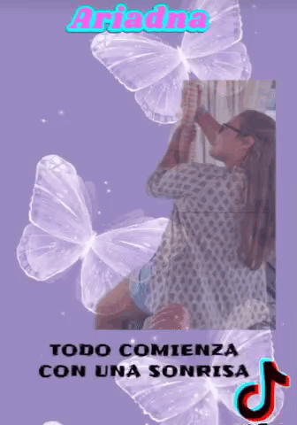 Ariadna Todo Comienza Con Una Sonrisa On A Purple Background With Butterflies GIF
