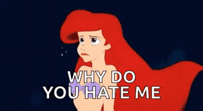 ariel from the little mermaid is crying and asking why do you hate her .