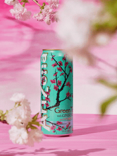 Arizona Green Tea Can With Ginseng And Honey On Pink Table GIF