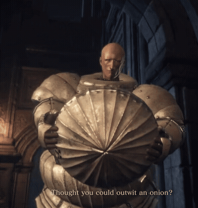 Armored Man With Shield Outwit An Onion GIF