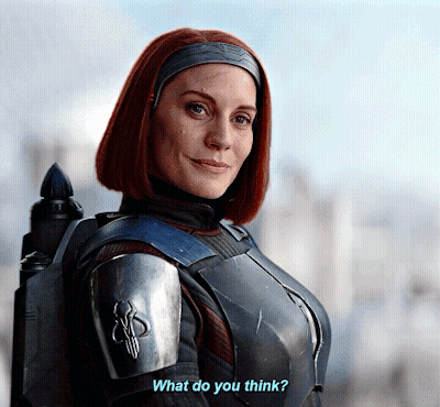 Armored Woman Says What Do You Think Blue Letters GIF