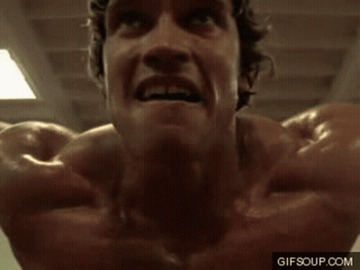 Arnold Schwarzenegger Flexing In Gym Looking At Camera GIF