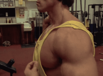 Arnold Schwarzenegger In A Yellow Tank Top Shows Off His Muscles In A Gym GIF
