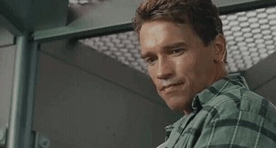 Arnold Schwarzenegger In Plaid Shirt Looking At Camera GIF