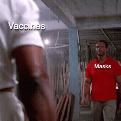 Arnold Schwarzenegger In Red Shirt Vaccines And Masks GIF
