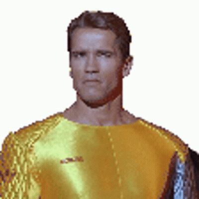 Arnold Schwarzenegger In Yellow Shirt With Sword GIF