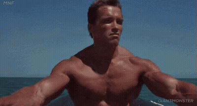 Arnold Schwarzenegger Is A Shirtless Man Standing In The Ocean . GIF