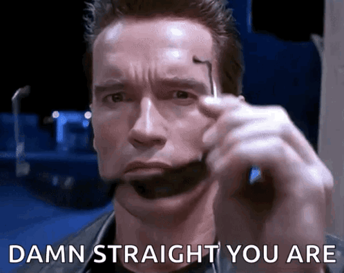 Arnold Schwarzenegger Is Making A Funny Face With The Words Damn Straight You Are Below Him GIF