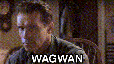 Arnold Schwarzenegger Is Sitting In A Chair With The Word Wagwan Written On His Chest GIF