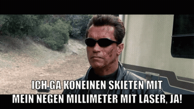 Arnold Schwarzenegger Saying Ich Ga Koeinen Skieten Mit Mein Negen Millimeter Mit Laser Ja GIF