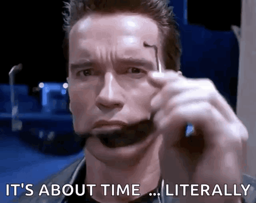 Arnold Schwarzenegger Says It 'S About Time Literally In A Close Up Of His Face GIF