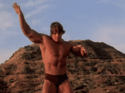 Arnold Schwarzenegger Standing In Front Of Mountain With Arms Outstretched GIF
