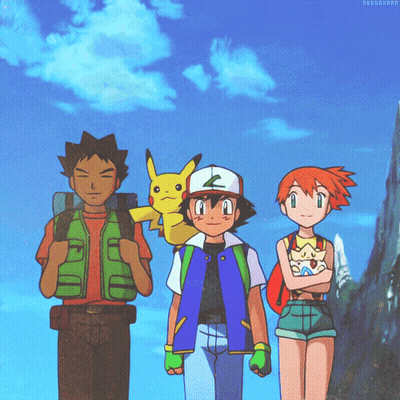Ash And Misty Are Standing Next To Each Other With A Pikachu On Ash 'S Shoulders GIF