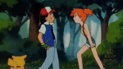 Ash And Misty Walking In Woods With Pikachu GIF