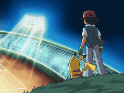 Ash And Pikachu Are Standing On A Hill Looking At A Stadium GIF
