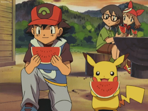 Ash And Pikachu Eating Watermelon GIF