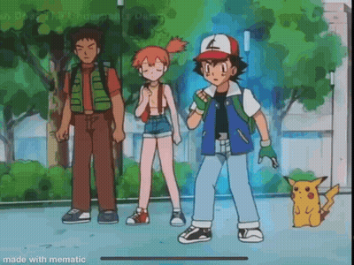 ash , misty , and pikachu are standing next to each other on a sidewalk in a park .