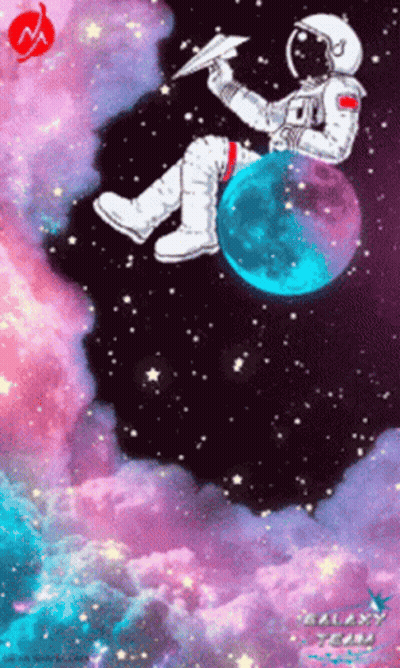 Astronaut Sitting On Planet Holding Paper Airplane GIF