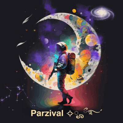 Astronaut Standing Before Colorful Crescent Moon GIF