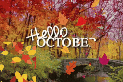 Autumn Leaves Falling In Front Of Bridge Saying Hello October GIF