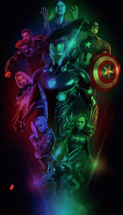 Póster de la película Avengers con Iron Man rodeado de Avengers GIF