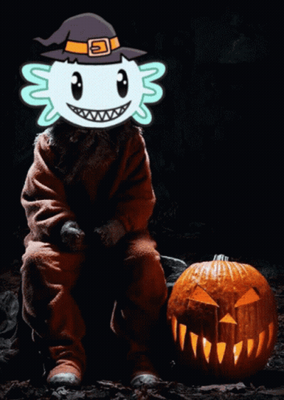 Axolotl In Witch Hat Next To Pumpkin GIF