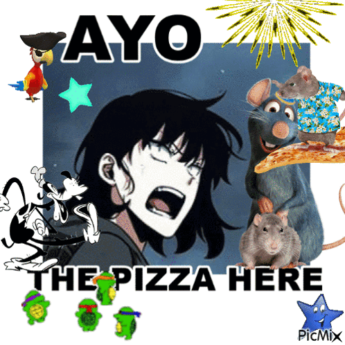 Ayo The Pizza Here Is Written On A Poster With Cartoon Characters GIF
