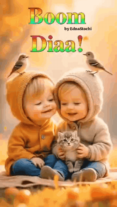 Babies Holding Kitten With Birds On Heads GIF