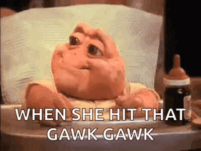 Baby Dinosaur Laying In High Chair Saying When She Hit That Gawk-Gawk GIF