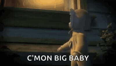 Baby Doll Crawling Next To Teddy Bear Says C'mon Big Baby GIF