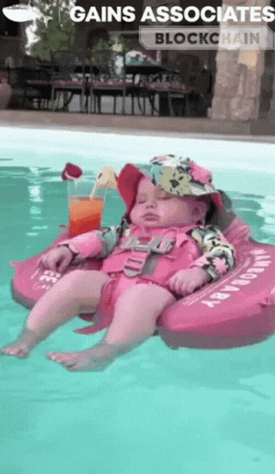 Baby Floating In Pool With Gains Associates Blockchain GIF