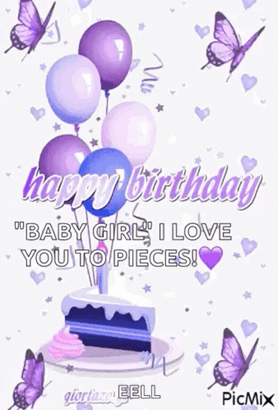 Baby Girl Birthday Card With Balloons And Butterflies GIF