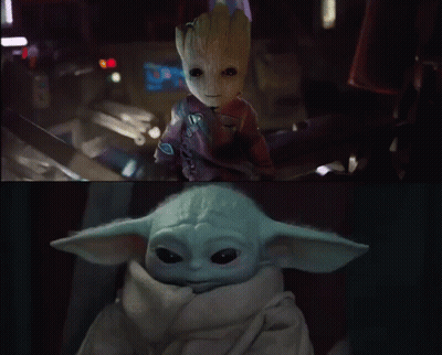 Baby Groot And Baby Yoda Sitting Together In Dark Room GIF