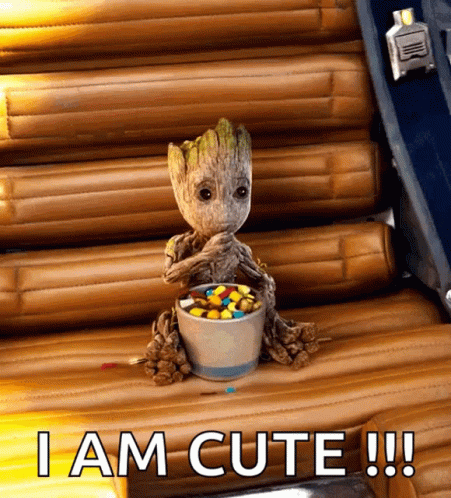 Baby Groot Sitting With Bowl Of Candy Saying I Am Cute GIF