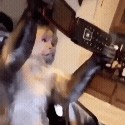 Baby Holding Camera Making Funny Face In Kitchen GIF