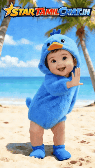 Baby In Blue Duck Costume On Beach Star Tamilchat.in GIF