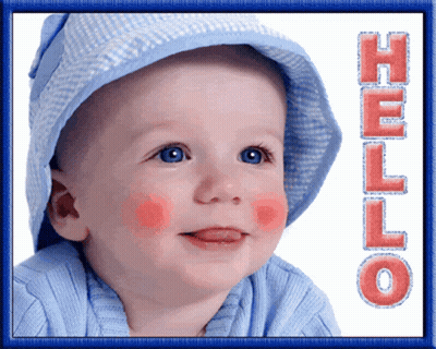 Baby In Blue Hat Smiling Next To Hello Sign GIF