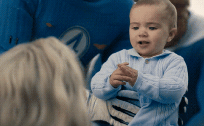 Baby In Blue Sweater With Letter A GIF