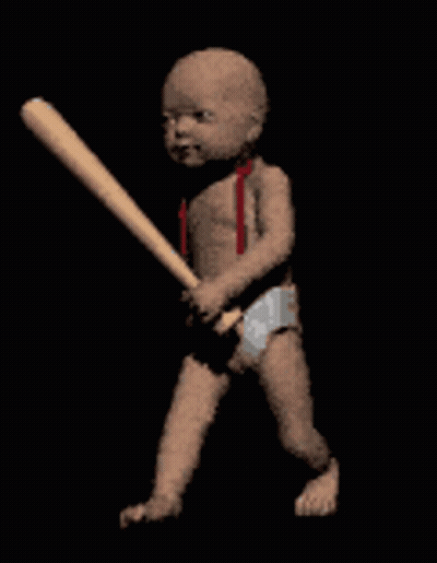 Baby In Diaper And Suspenders Holding Baseball Bat GIF
