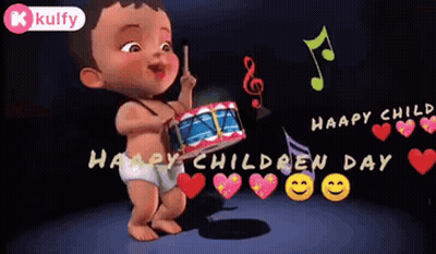 Baby In Diaper Holding Drum Singing Happy Children's Day GIF