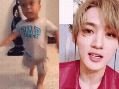 Baby In Gap Shirt Walking Next To Man In Pink Shirt GIF